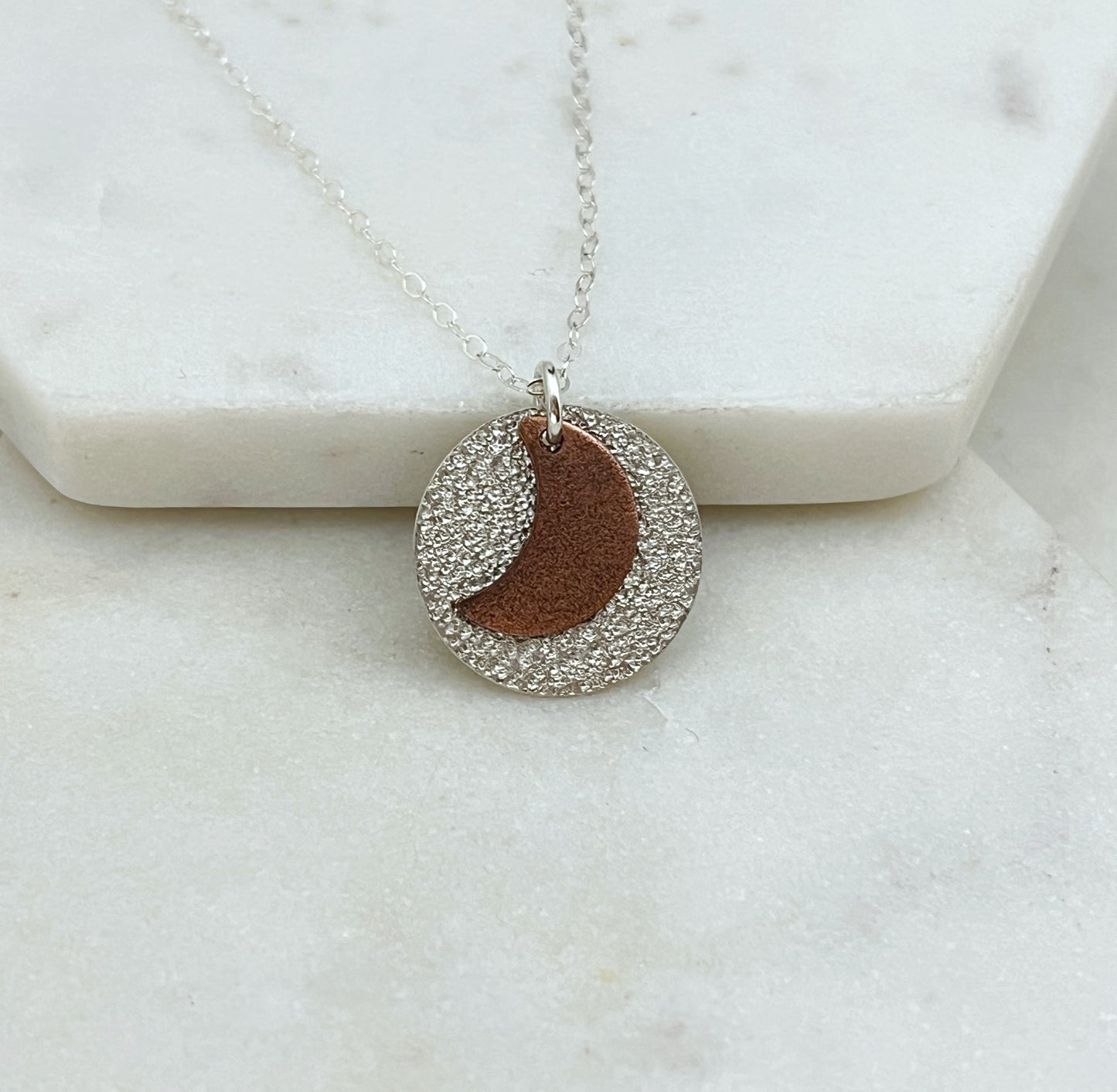 Mixed metal sterling silver and copper moon necklace