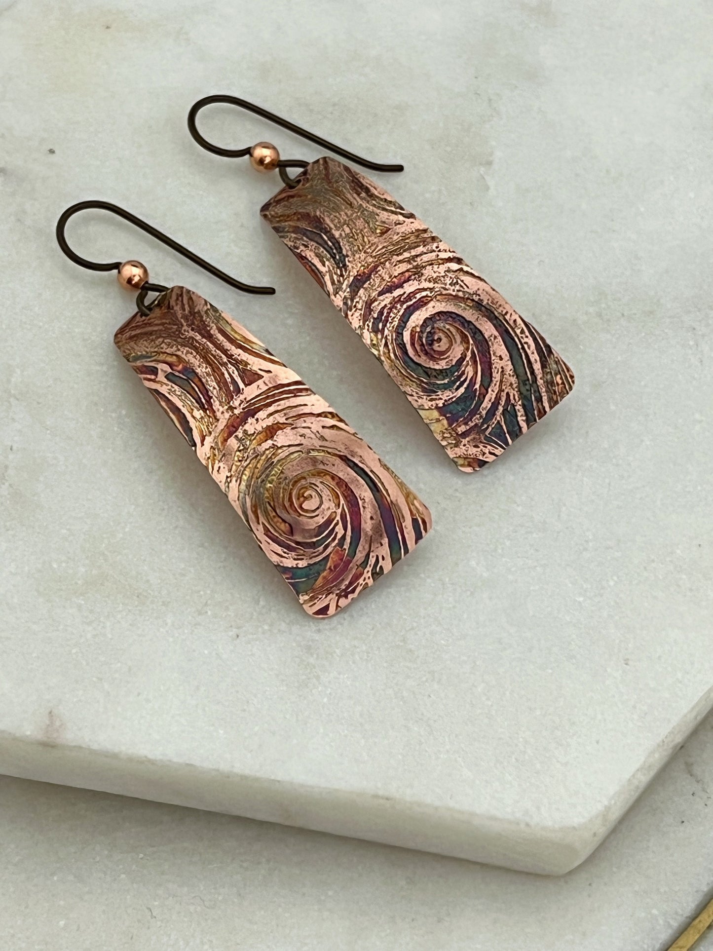 Acid etched copper irregular rectangle earrings