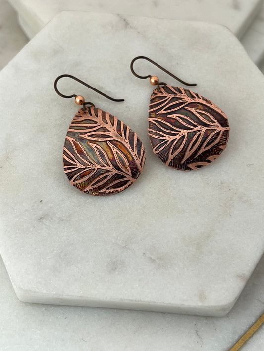 Acid etched copper medium teardrop earrings