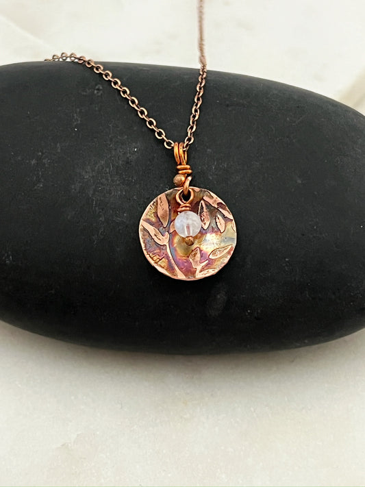 Acid etched copper necklace with moonstone gemstone
