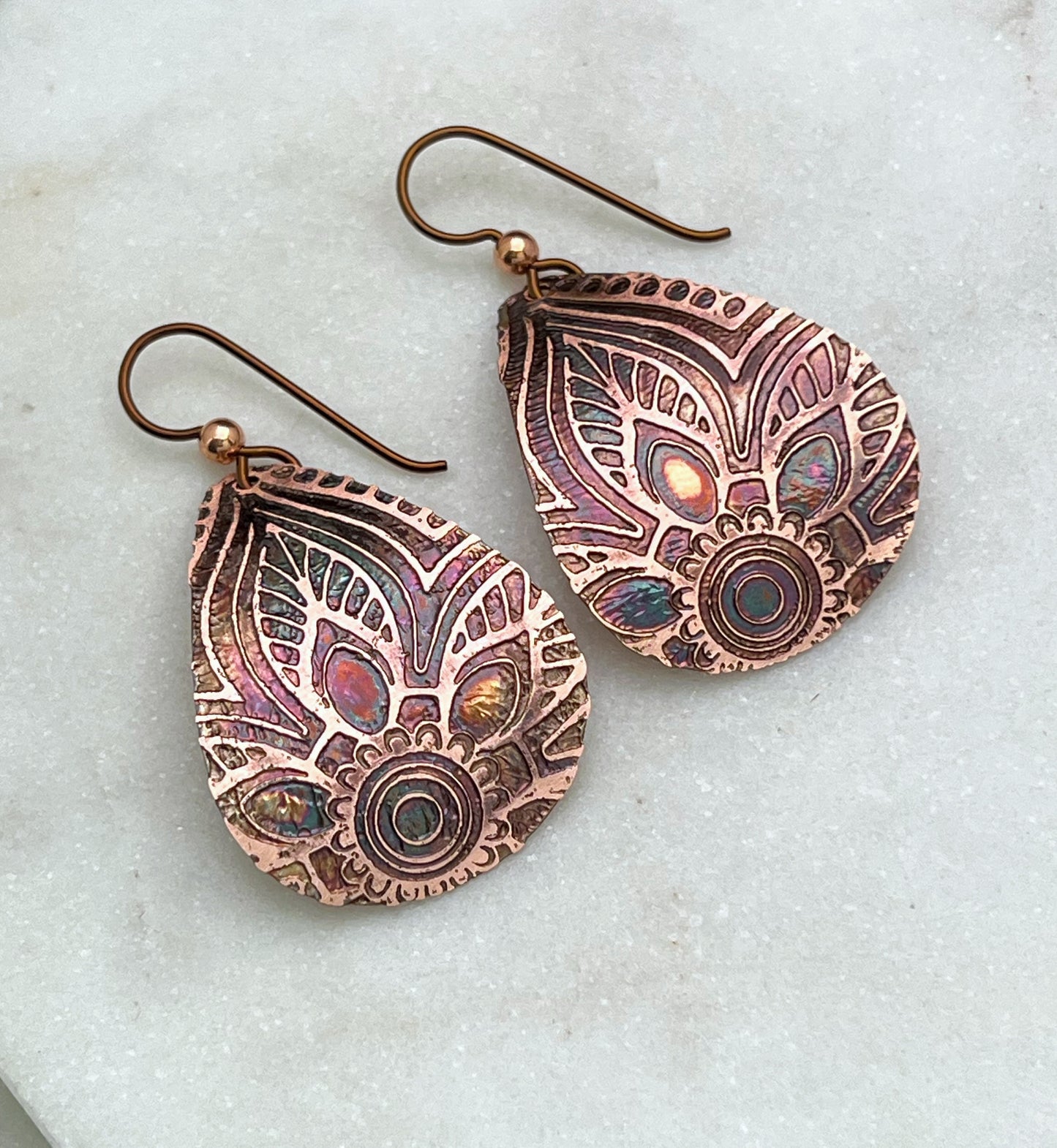 Acid etched copper medium teardrop earrings