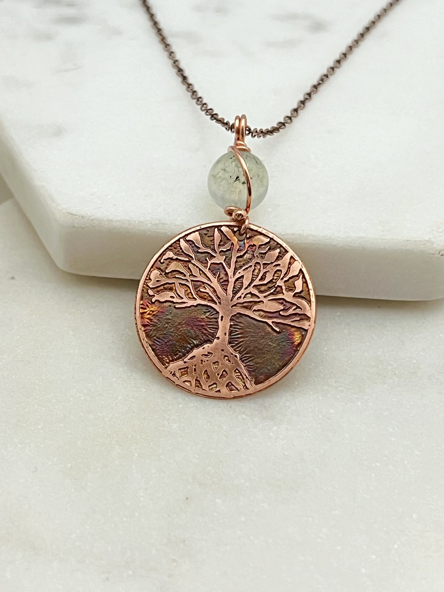 Copper and prehnite rooted tree necklace