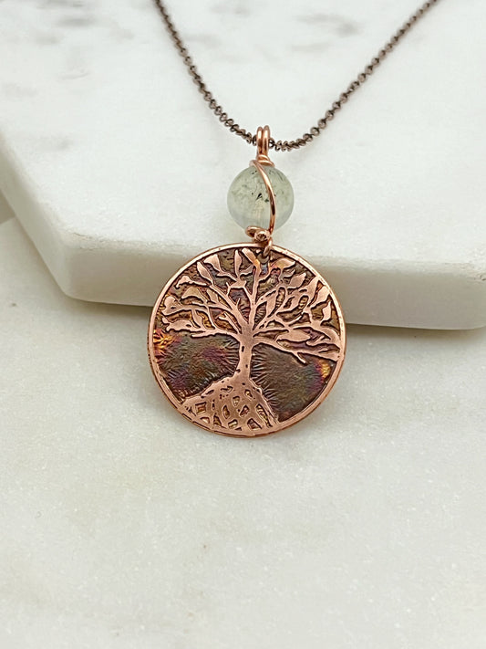 Copper and prehnite rooted tree necklace