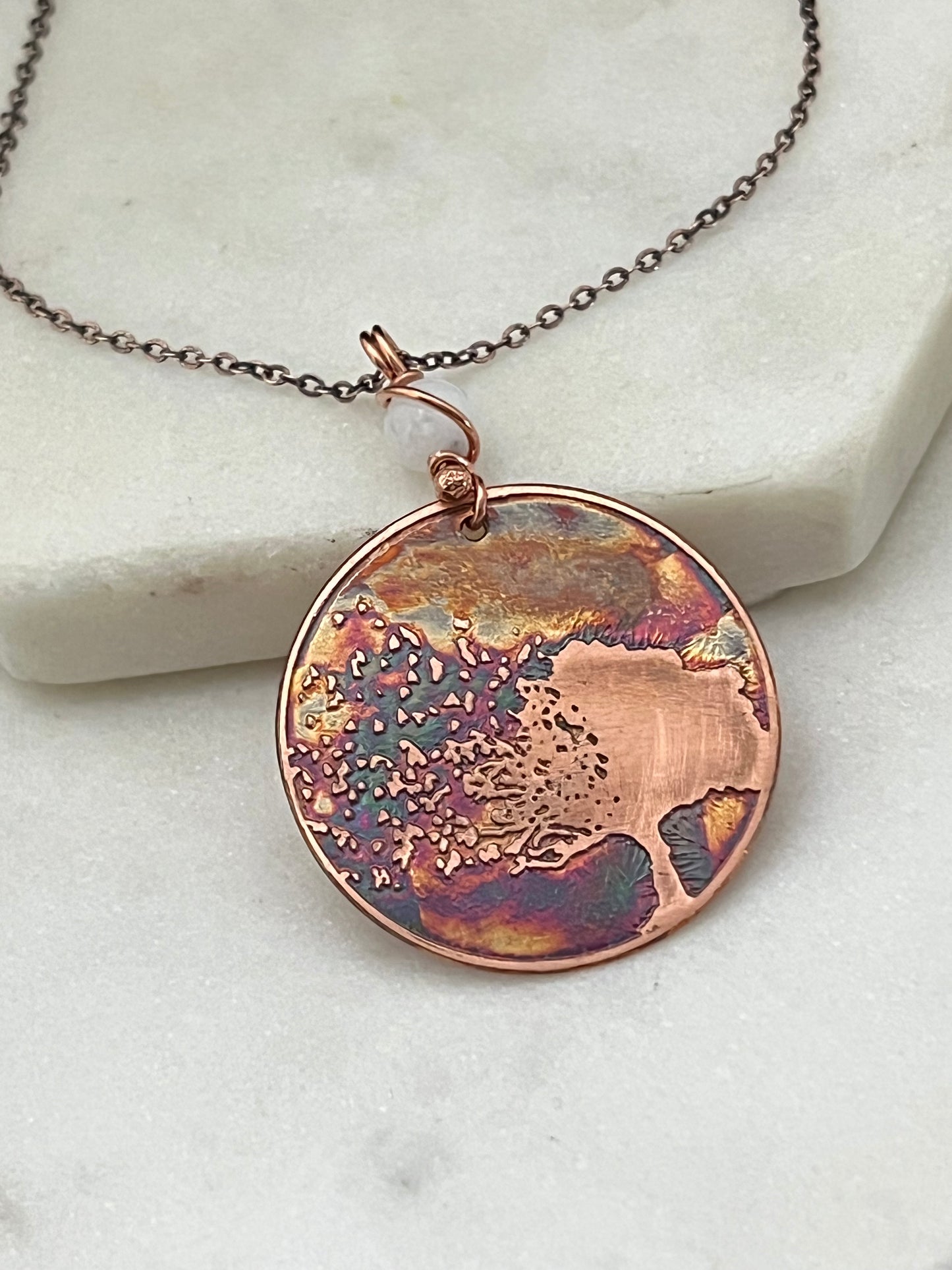 Acid etched copper tree necklace with moonstone gemstone