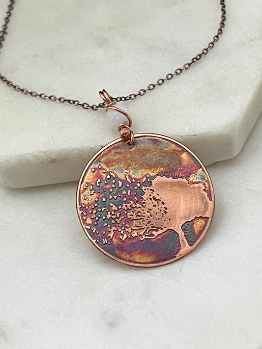 Acid etched copper tree necklace with moonstone gemstone