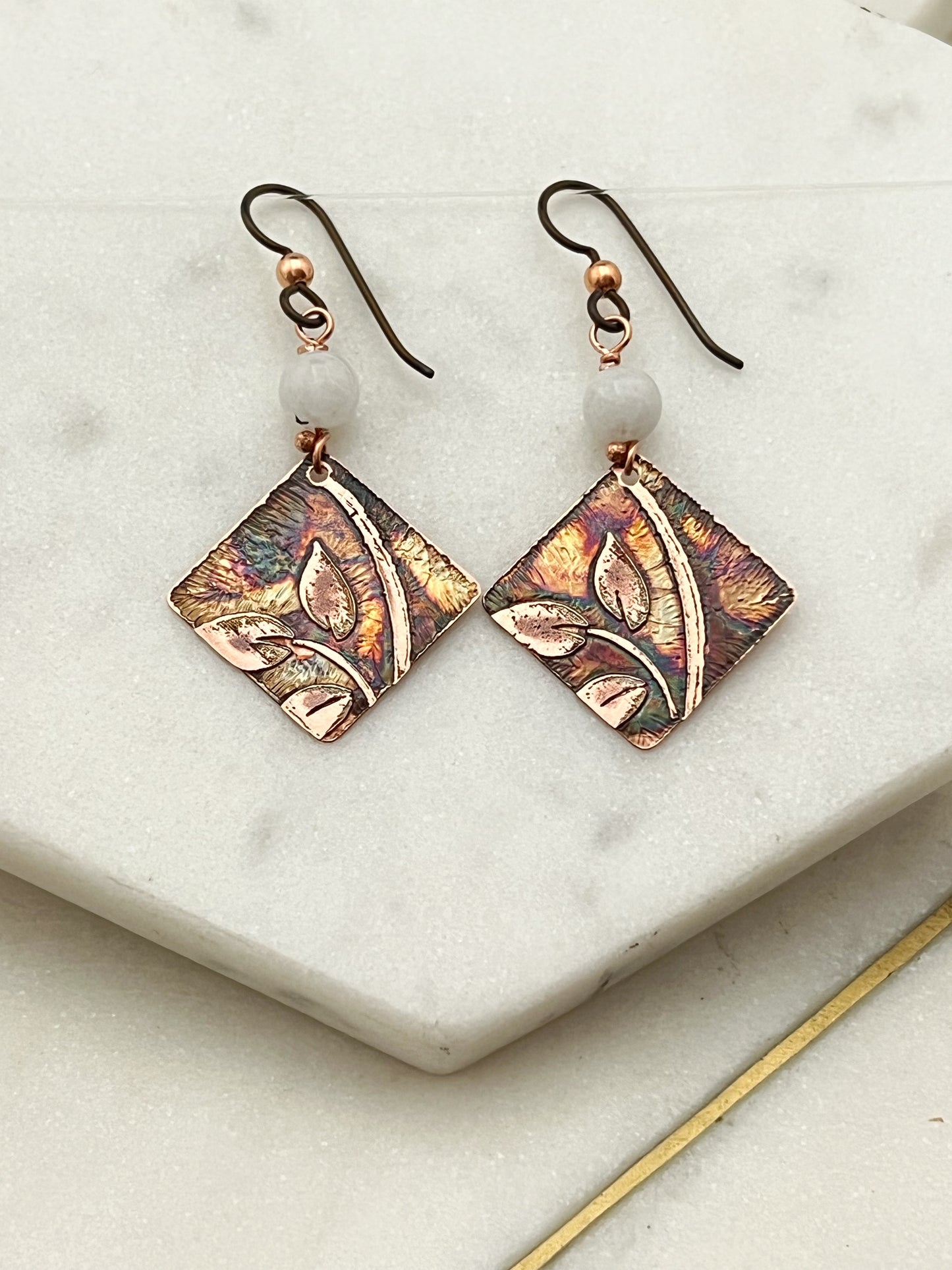 Acid etched copper earrings with moonstone gemstones