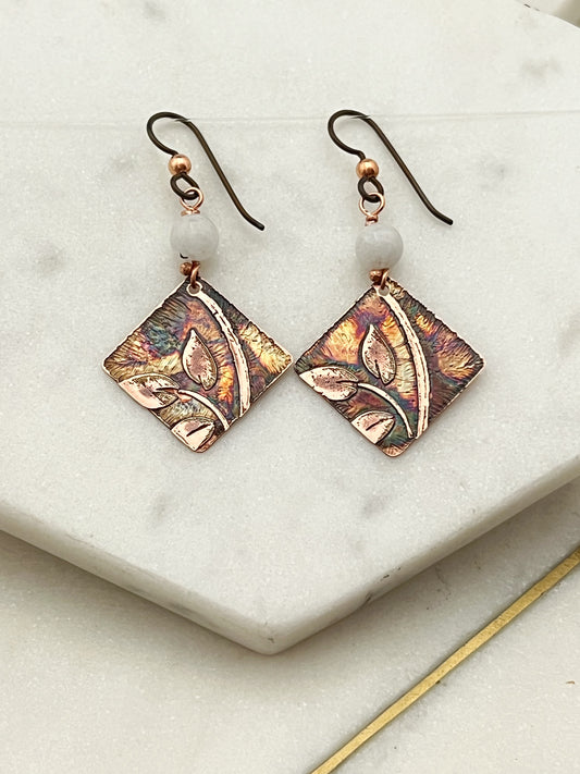 Acid etched copper earrings with moonstone gemstones