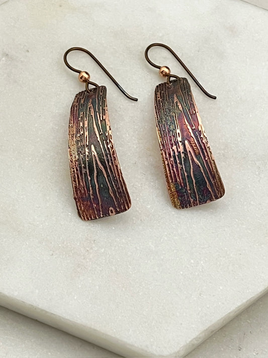 Acid etched copper irregular rectangle earrings