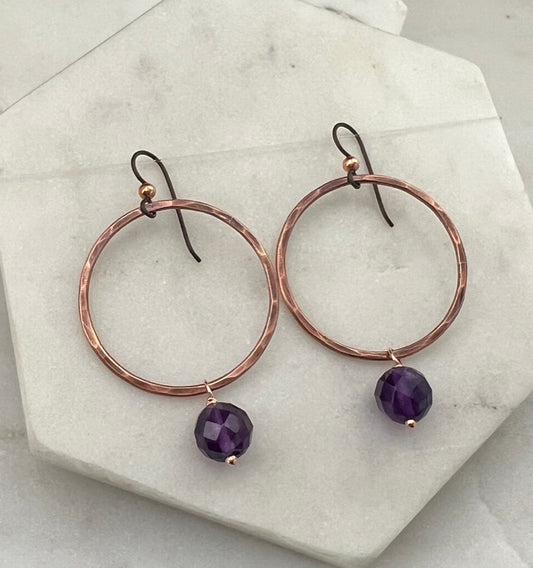 Copper hoops with amethyst gemstones