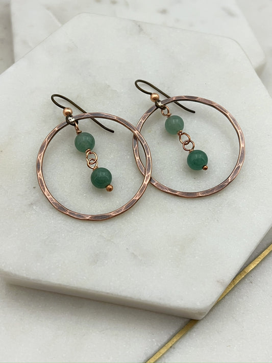 Copper oval hoops with aventurine gemstones