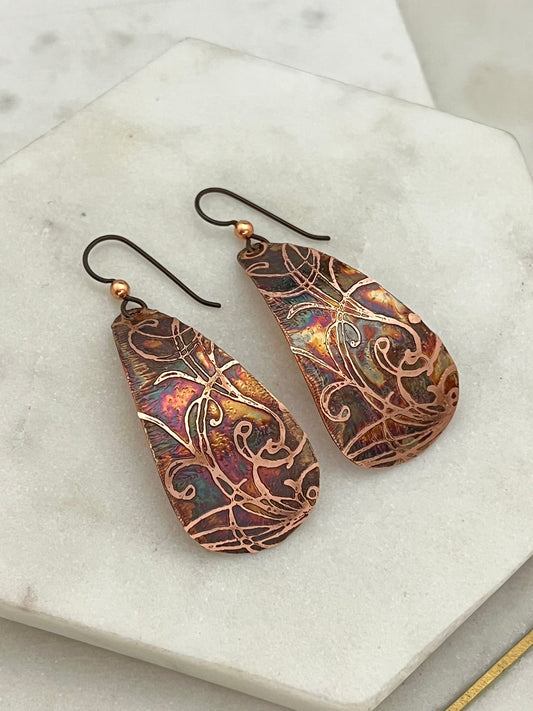 Large acid etched copper teardrop earrings