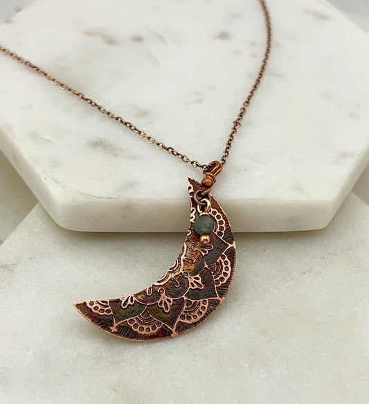 Acid etched copper crescent necklace with india agate gemstone