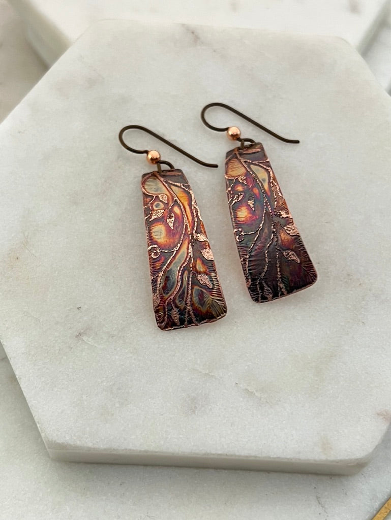 Acid etched copper irregular rectangle earrings