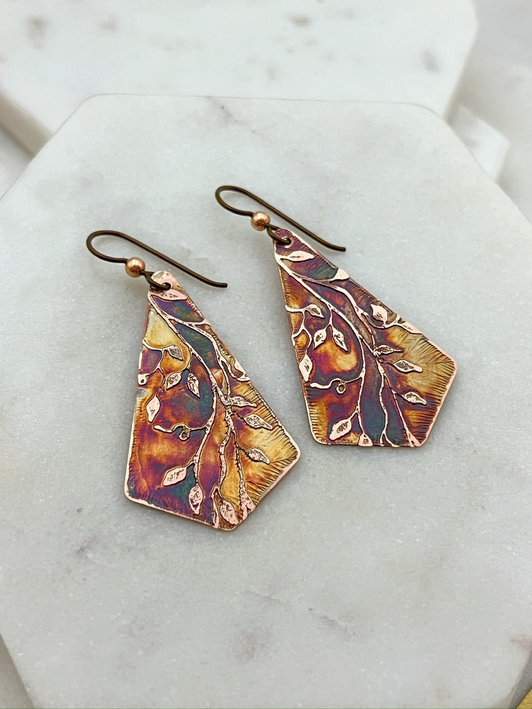 Acid etched copper earrings
