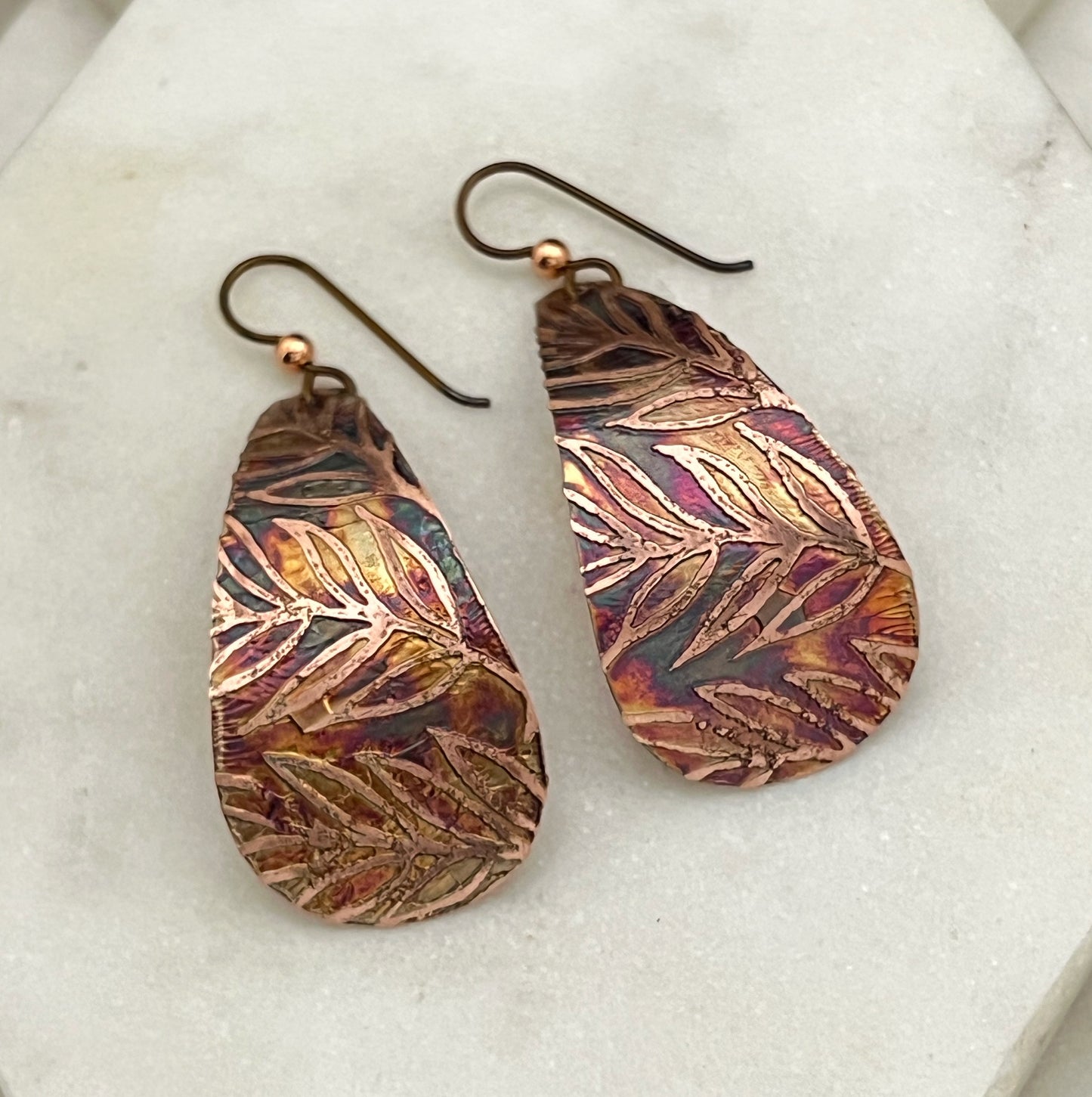 Large acid etched copper teardrop earrings