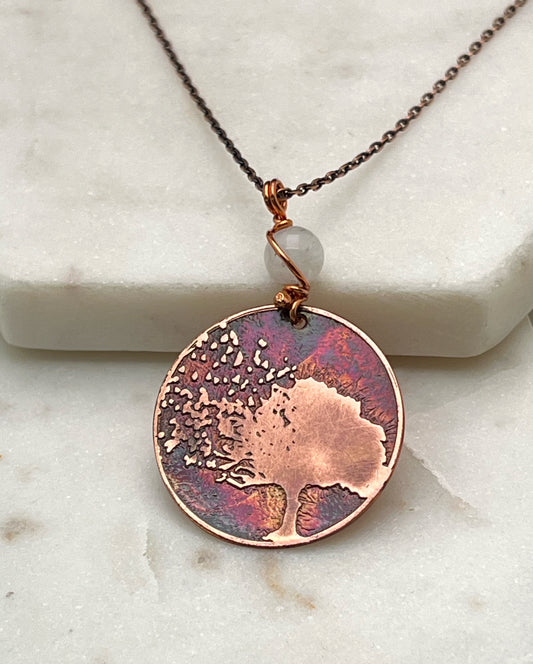 Acid etched copper tree necklace with moonstone gemstone