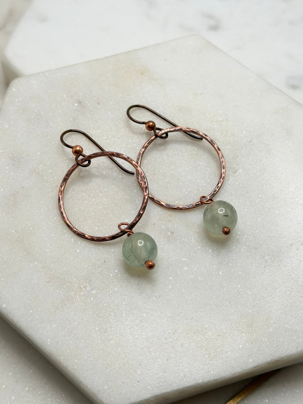 Prehnite & Hand-Forged Copper Hoop Earrings