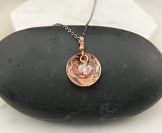 Acid etched copper dish necklace with a Herkimer Diamond gemstone