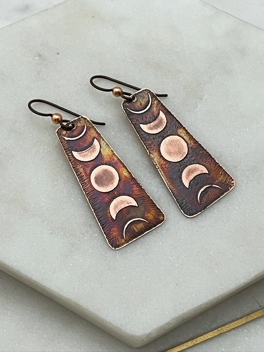 Acid etched copper moon phase earrings