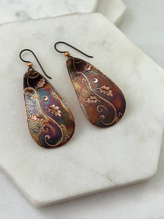 Large acid etched copper teardrop earrings