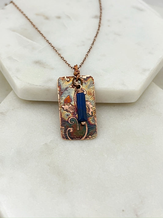 Acid etched copper necklace with lapis gemstone