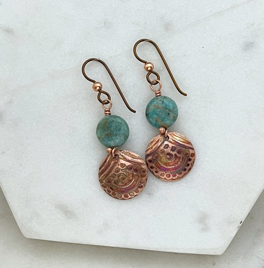 Acid etched copper earrings with amazonite gemstones
