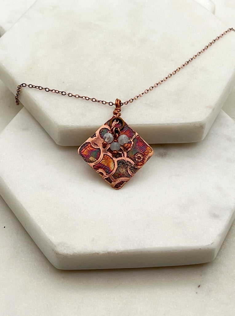 Acid etched copper necklace with moonstone gemstones