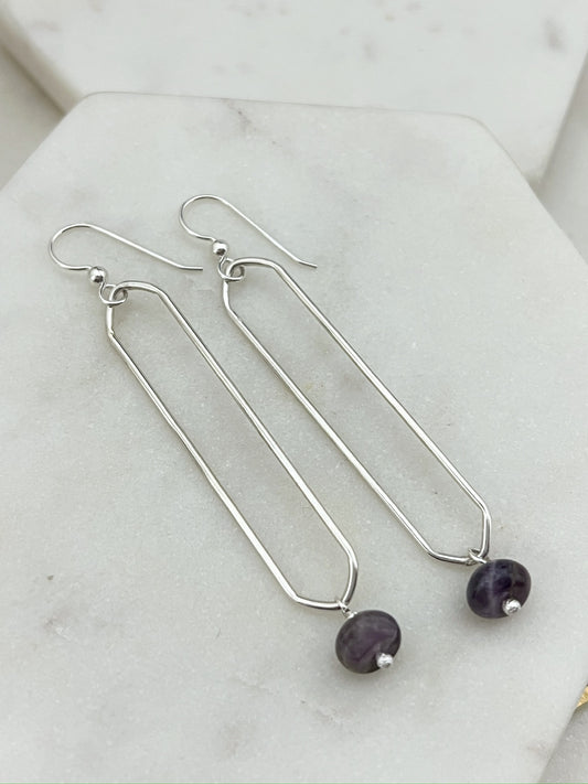 Sterling silver oval hoops with amethyst