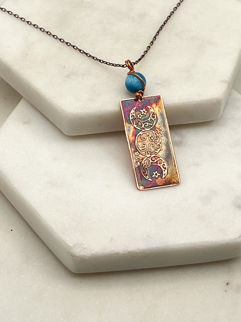 Acid etched copper moon necklace with apatite gemstone