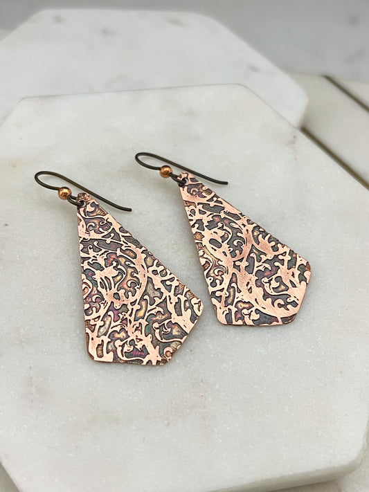 Acid etched copper earrings