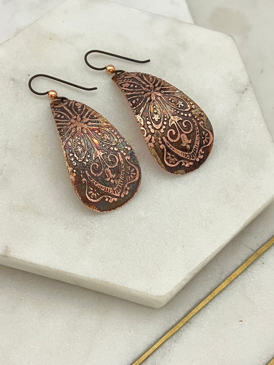 Large acid etched copper teardrop earrings