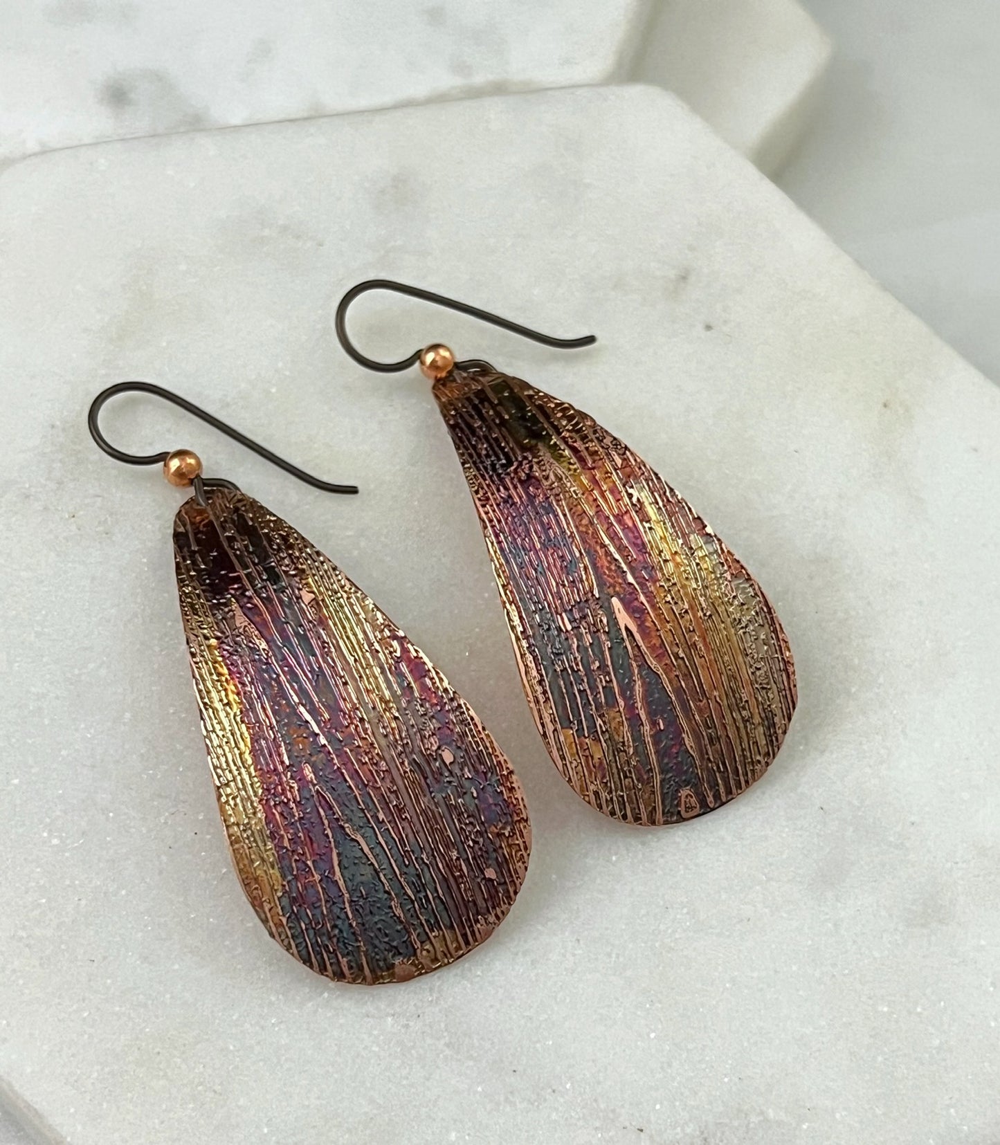Large acid etched copper teardrop earrings