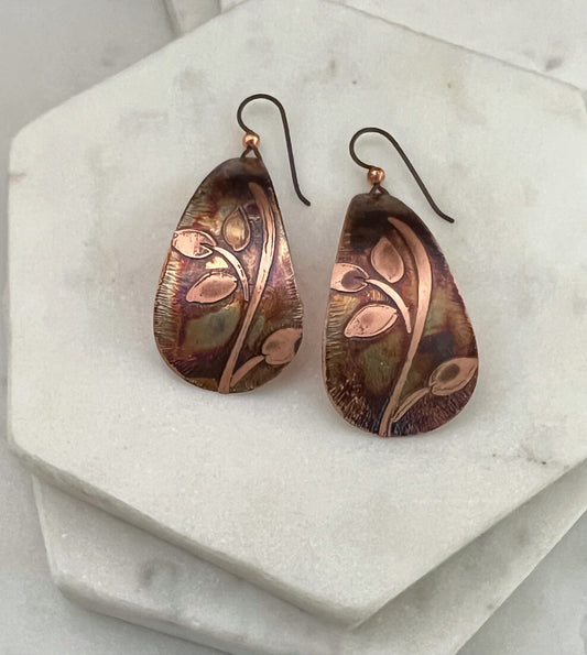 Large acid etched copper teardrop earrings