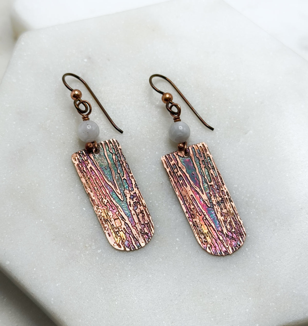 Acid etched copper earrings with moonstone gemstones (Copy)