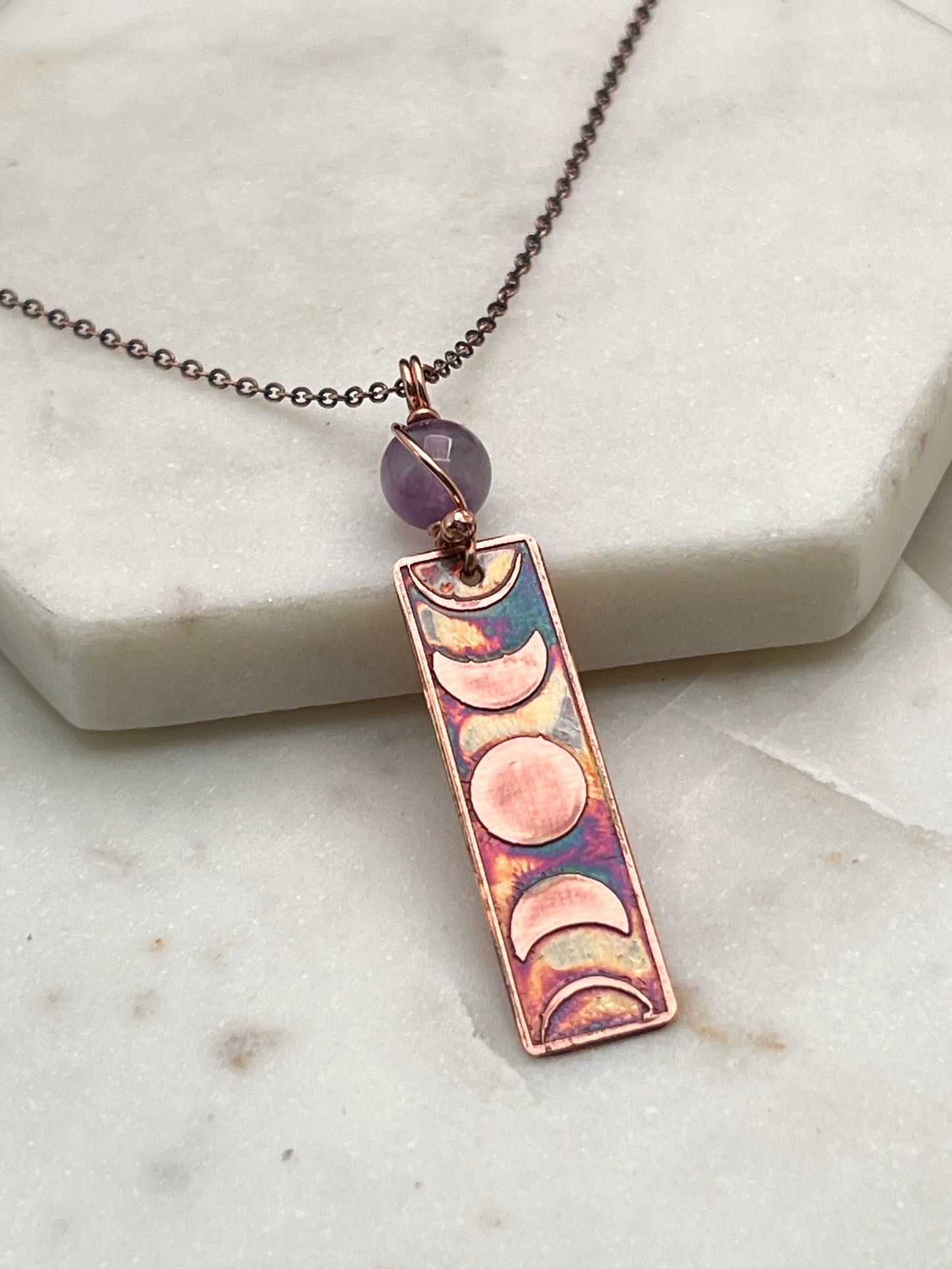 Moon phase acid etched copper necklace with amethyst gemstone