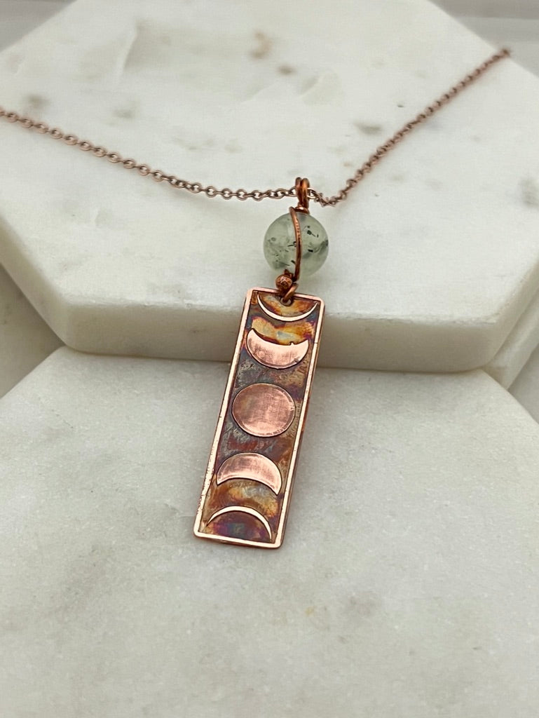Moon phase acid etched copper necklace with prehnite gemstone
