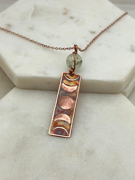 Moon phase acid etched copper necklace with prehnite gemstone