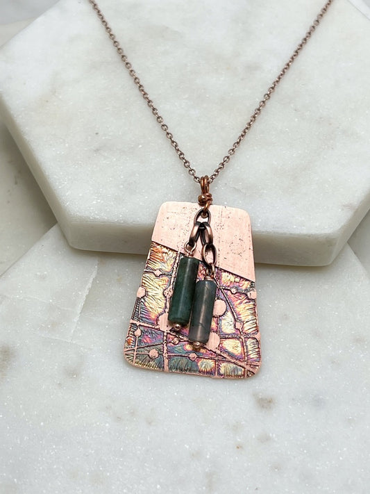 Acid etched copper necklace with moss agate gemstone