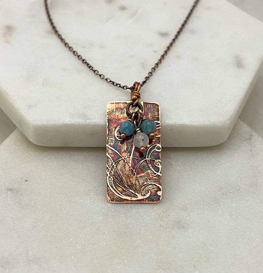 Acid etched copper necklace with amazonite and moonstone gemstone