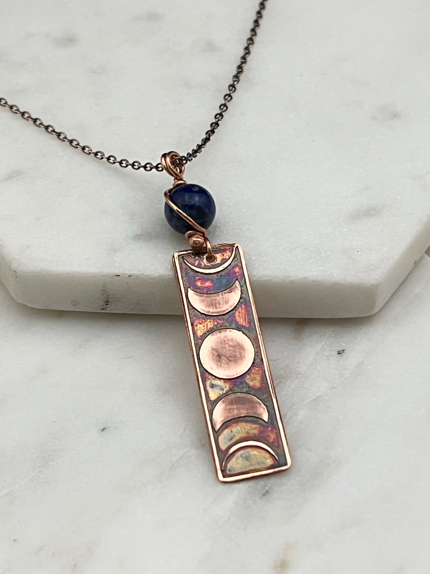 Moon phase acid etched copper necklace with lapis gemstone