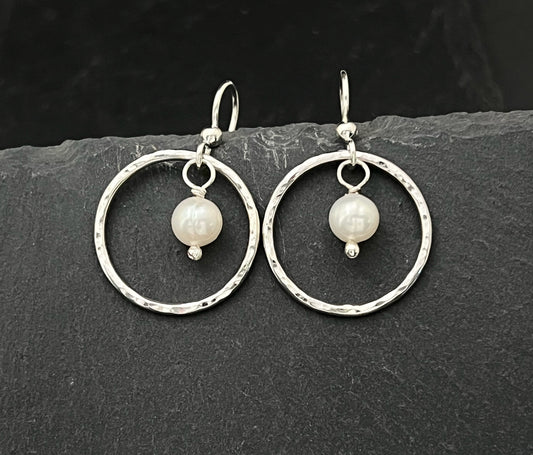 Forged Sterling Silver & pearl earrings