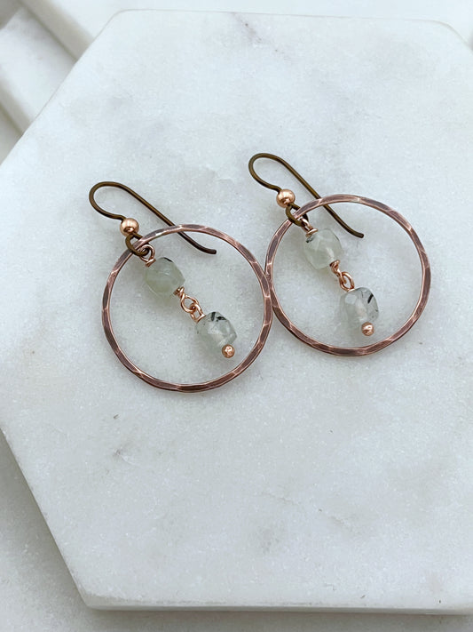 Copper hoops with prehnite gemstones