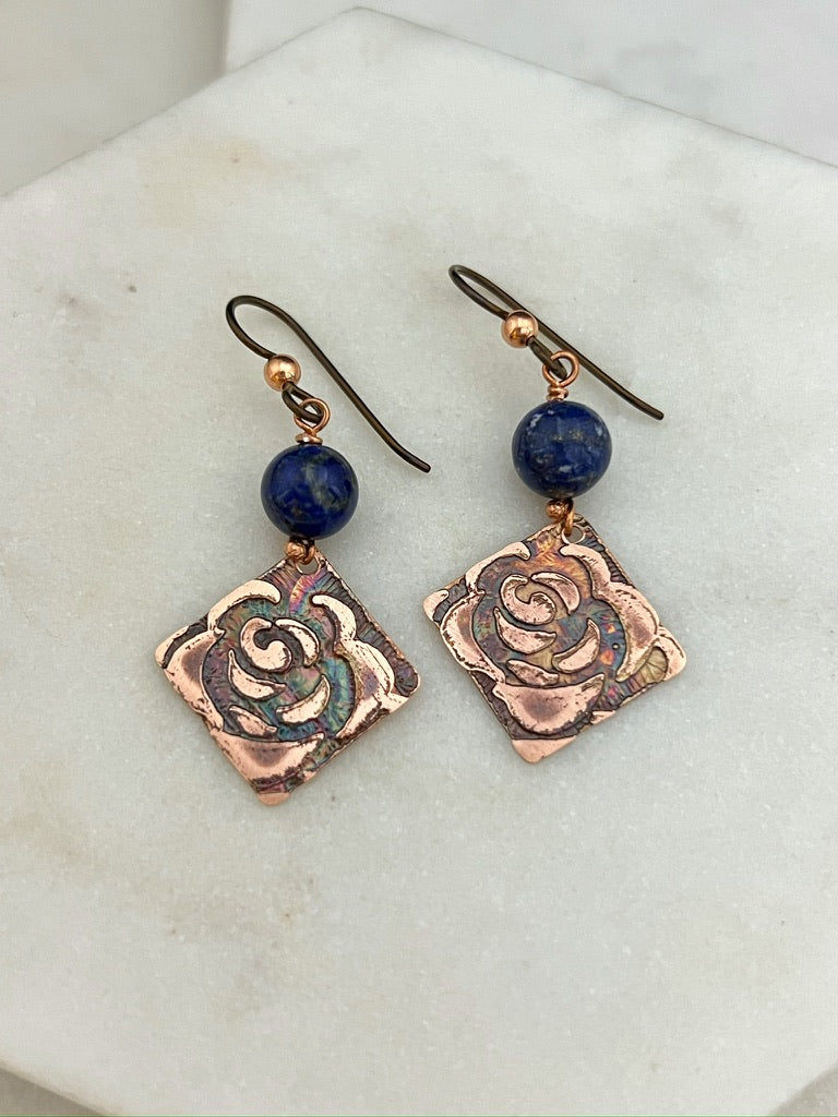 Acid etched copper earrings with lapis gemstones