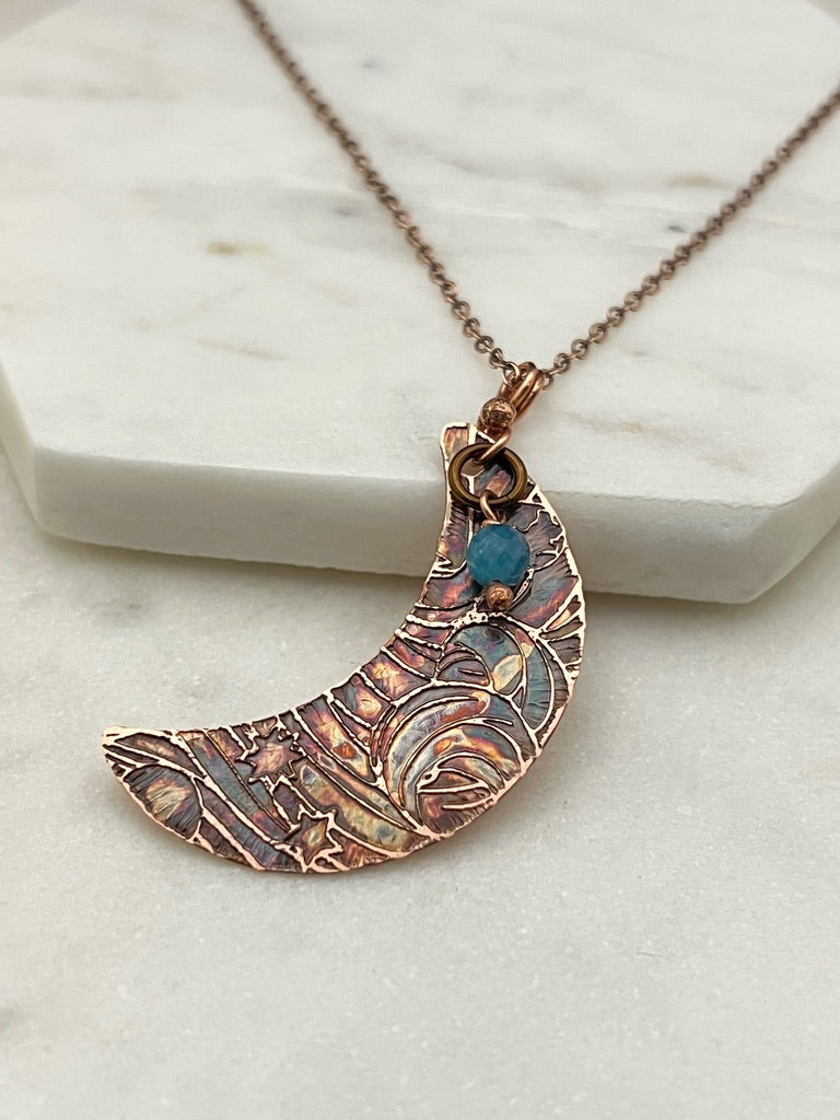 Acid etched copper crescent necklace with apatite gemstone
