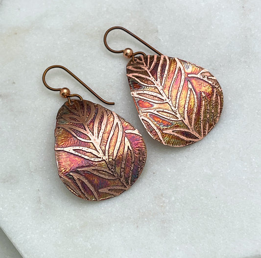 Acid etched copper medium teardrop earrings