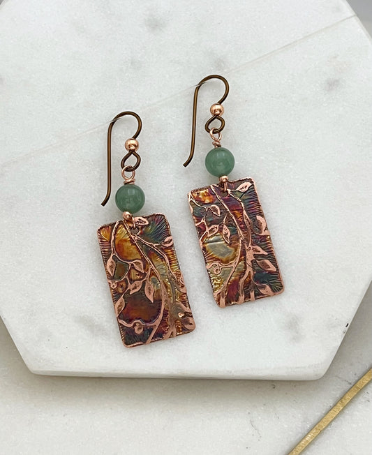 Acid etched copper earrings with aventurine gemstones
