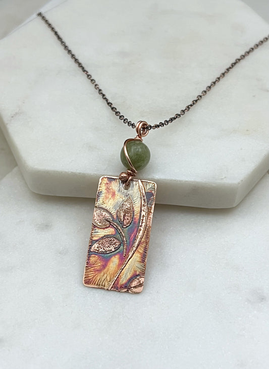 Acid etched copper leaf necklace with jade gemstone