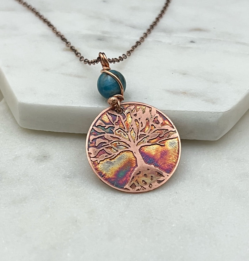 Copper and apatite rooted tree necklace