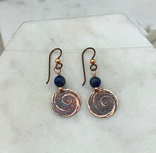 Acid etched copper earrings with lapis gemstones