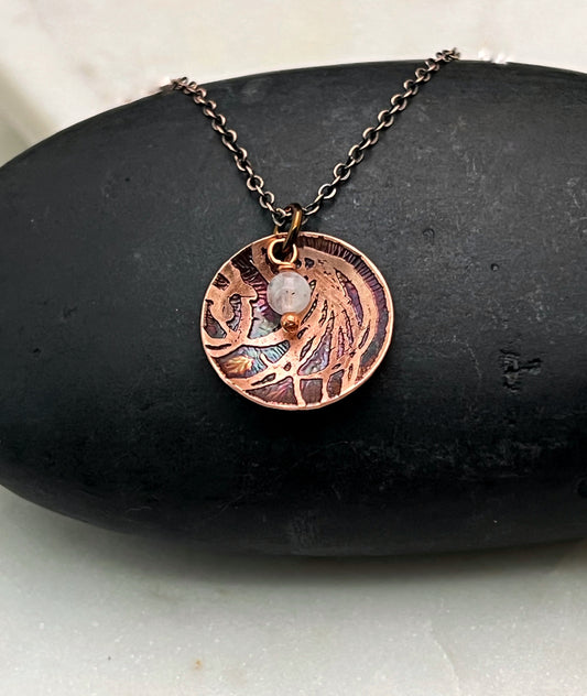 Acid etched copper necklace with moonstone gemstone